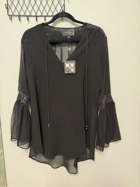 Analili Black Sheer V-Neck Blouse with Tie NWT
